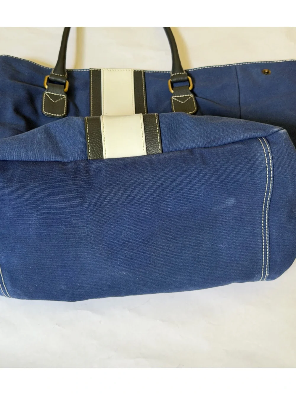 FH Wadsworth NYC Classic Navy and White leather Canvas Weekender Tote Bag